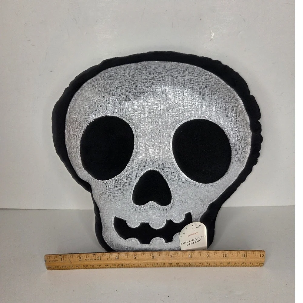 Halloween Skull Decorative Pillow Silver Metallic Black Spooky Decor Plush